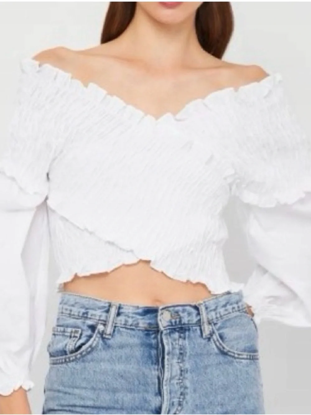 Zara White Smocked Off Shoulder Crop Top